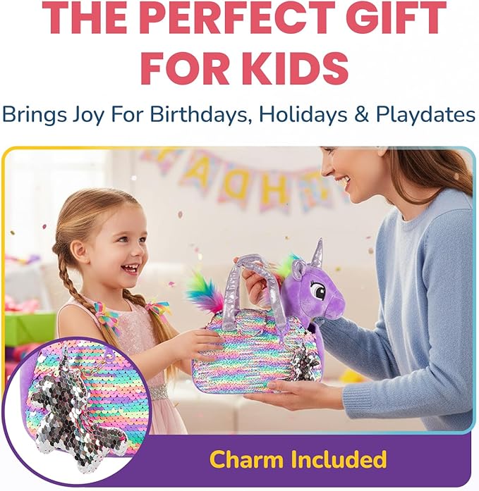 Little Jupiter Plush Pet Set - Unicorn Toys - Unicorns Gifts for Girls - Stuffed Animal for Kids - Unicorns - Plush Toy - w/Reversible Sequins & Charm (Purple Rainbow Unicorn) Age 4-5 - 6-7 yr