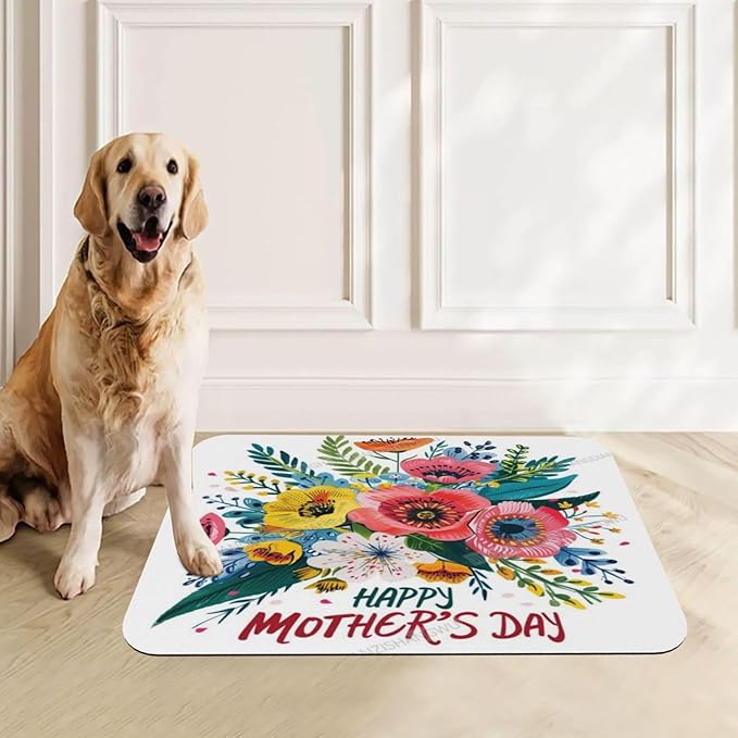 Pet Feeding Mat for Floors Waterproof Dog Mat for Food and Water Happy Mother's Day Floral Gift Mom By Absorbent Quick Dry Non Slip Mats Cat Bowls 18X12In