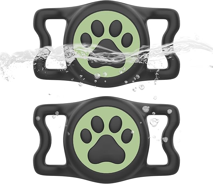 2-Pack Airtag Holder for Dog Collar, Waterproof Silicone Protective Case Cover, Anti-Lost Tracker Universal Fit for All Width Pet Collars(Black with Night Glow&Black with Night Glow)
