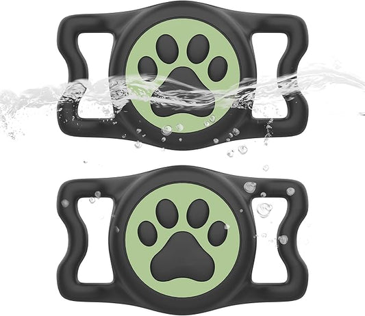 2-Pack Airtag Holder for Dog Collar, Waterproof Silicone Protective Case Cover, Anti-Lost Tracker Universal Fit for All Width Pet Collars(Black with Night Glow&Black with Night Glow)