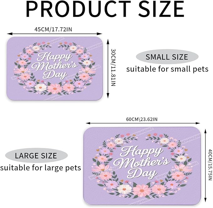 Pet Feeding Mat for Floors Waterproof Dog Mat for Food and Water Happy Mother's Day Floral Gift Mom Ez Absorbent Quick Dry Non Slip Mats Cat Bowls 24x16In