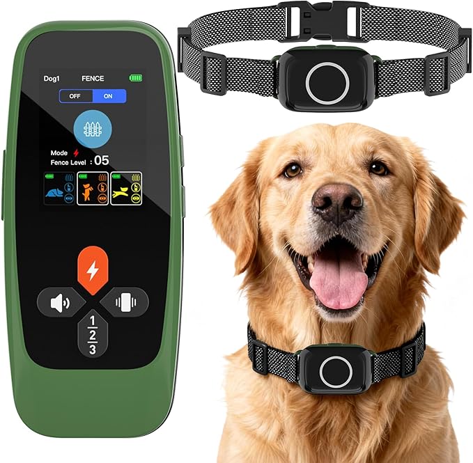 Wireless Dog Fence System: Electric Fence for Dogs 4-in-1 Dog Training Collar with Remote, Bark Control, Status Monitor Waterproof Electric Fence for Medium Large Dogs Outdoor Use