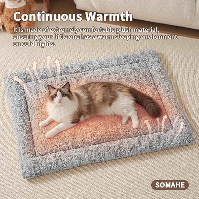 Self Warming Cat Bed Mat, Washable Self Heating Cat Mat, Extra Warm Thermal Pet Pad with Non-Slip Bottom, Soft Plush Faux Fur for Indoor Pet Sleep Cushion, 23x15 Inch Beige