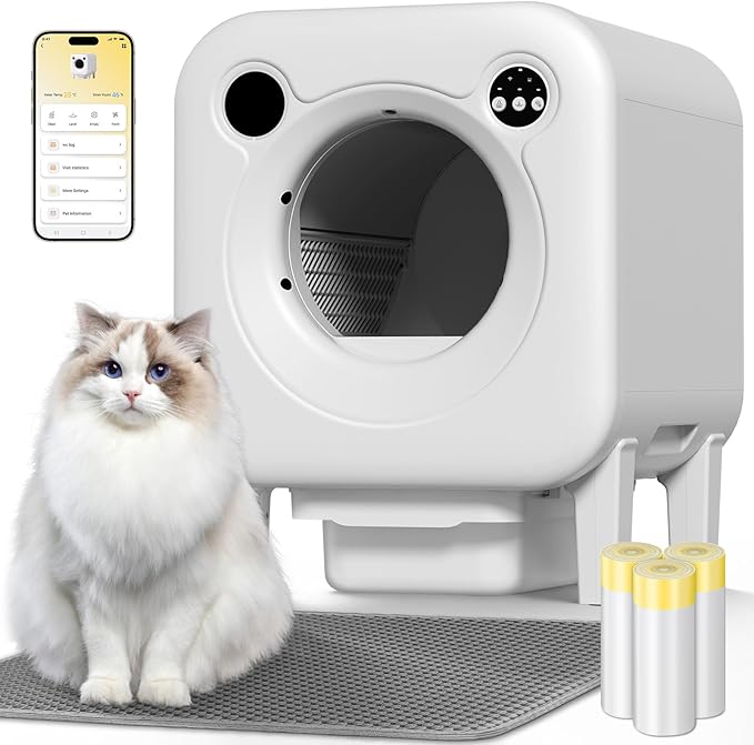 Automatic Litter Box, 4 in 1 Security-System Self Cleaning Litter Box Robot, 75L+12L Extra Large Space for Multiple Cats, APP Control, 1 Free Cat Litter-Mat, 3 Rolls Cats Waste Bag Liners