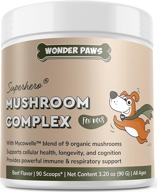 Wonder Paws Immune Support Mushroom Powder for Dogs – Organic Mushroom Complex for Immunity, Cognition, Cellular Health, Longevity - With Turkey Tail Mushroom for Dogs, Reishi & Lions Mane – 90 Scoops