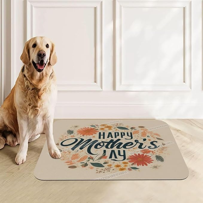 Pet Feeding Mats with Residue Collection Happy Mother's Day Floral Gift for Mom Ba Waterproof Dog Cat Bowl Mat 18X12In with Prevent Water Food Spills