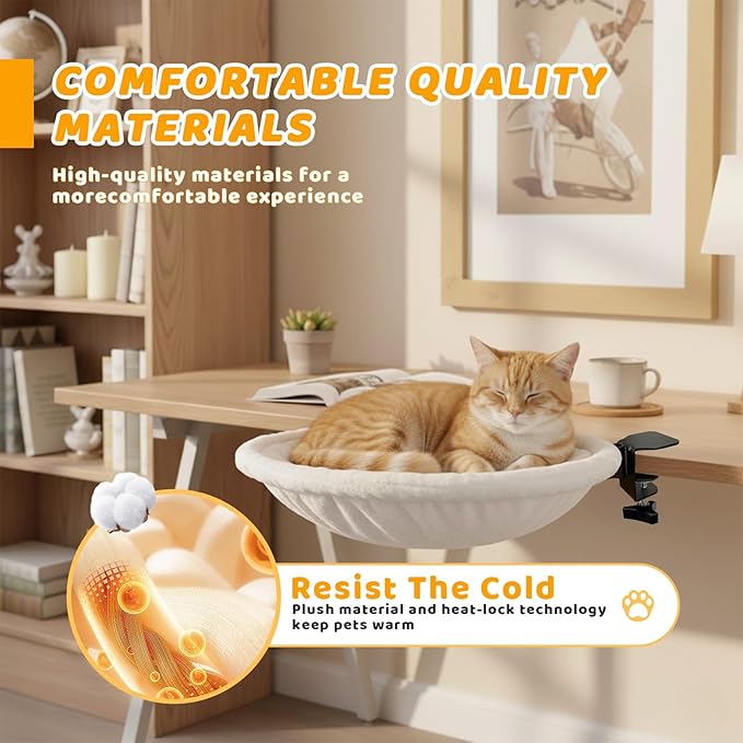 Desk-Mounted Cat Hammock Bed, Clamp-On Pet Perch, Soft Faux Fur, No-Drill Install, Washable Pad, 16.5" Round, Supports 50 lb, Space-Saving Home Office
