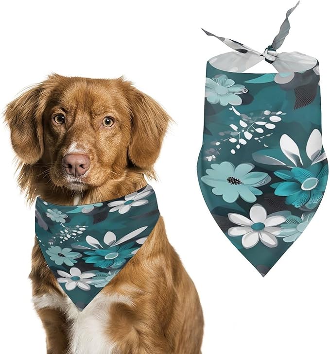 Dog Bandana Spring Pet Scarf Adjustable Triangle Teal Grey and White Floral Printing Dog Bib Washable Polyester Puppy Bandana for Small Medium Large Dogs Cat Birthday Party Supplies