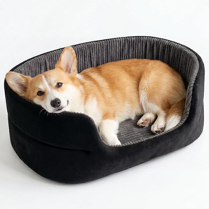 Medium Dog Bed Cat Bed 18x26 Inch, Calming Pet Bed for Small Dogs & Cats, Half-Enclosed Open-Top Velvet Anti-Anxiety Bed, Machine Washable Cozy Snuggle Bed (Black)