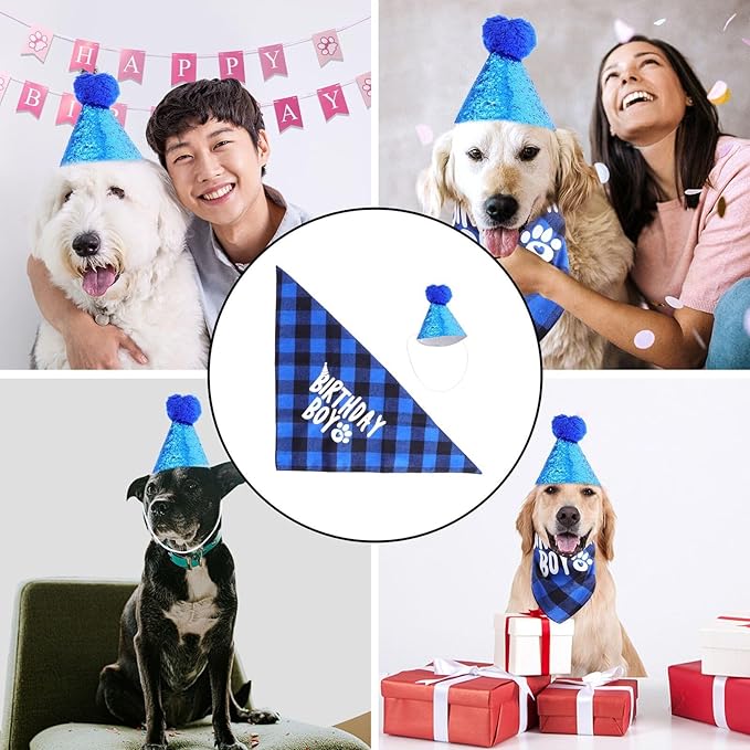 Beavorty Dog Birthday Bandana and Party Hat Set, Blue Cotton Pet Birthday Costume Accessories for Puppy Celebration and Dog Party Supplies