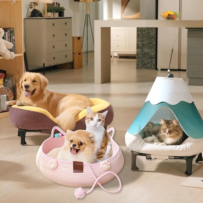 Woven Cat Bed Basket with Ears, Pink Cotton Rope Pet Bed for Indoor Cats, Small Dogs & Rabbits - Cute Basket with Pom Poms & Toy Ball (15.75x5.51 Inch)