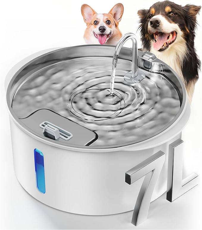 Pektaco Dog Water Fountain for Large Dogs, 1.8Gal/7L Pet Water Fountain, Dog Water Bowl Dispenser with Viewing Window & LED, Super Quiet, Stainless Steel Tray Easy Clean BPA-Free