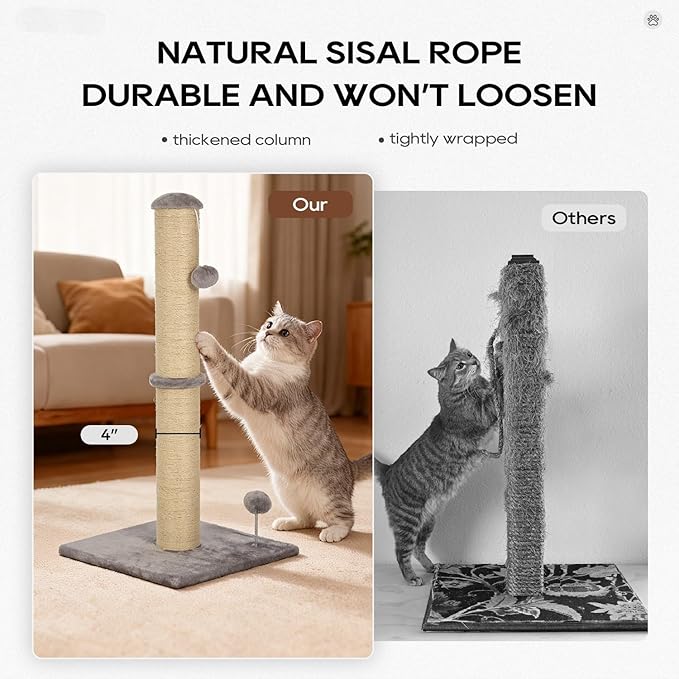 Dkelincs 33" Tall Cat Scratching Post Premium Sisal Kitten Scratcher with Hanging Ball for Indoor Cats, Cat Scratch Post for Living Room & Bedroom, Ideal for Cats at All Ages (Light Gray, 33 Inch)