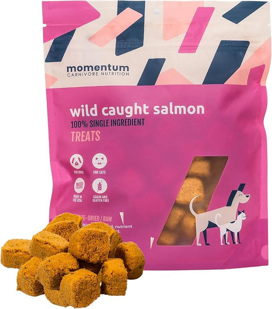 Momentum Carnivore Nutrition Freeze-Dried Wild-Caught Salmon Dog Treats & Cat Treats – Single-Ingredient, High-Protein, Grain-Free, Natural Source of Omega-3s – Made in USA – 3 oz Bag