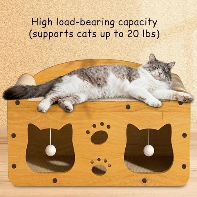 Multi-Function Cat Scratcher House Box,3-in-1 Scratch Pad and Soft Bed & Play Cave with Toys, Durable Build & Ideal for Cats/Kitty (Yellow,MD-CAT1)