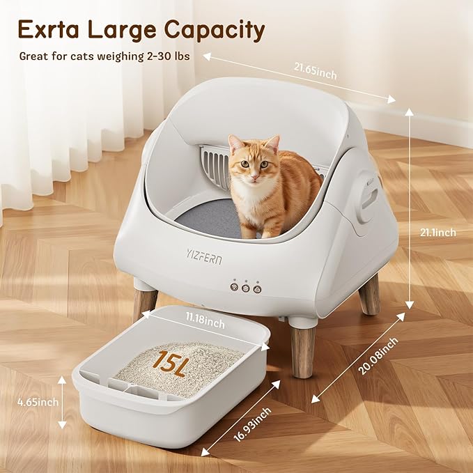 Self Cleaning Litter Box for Multiple Cats, Automatic Cat Litter Box with App Control, Open Top Design, Safety Protection, Ultra-Quiet, Waste Bags, Large Waste Bin & Brush (White) (Wooden)