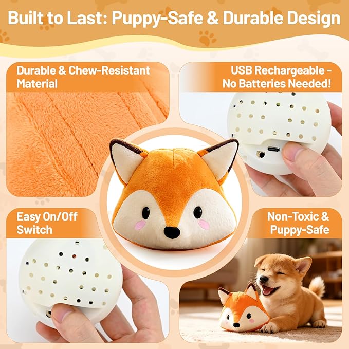Interactive Fox Puppy Toy for Anxiety & Boredom Relief - Automatic Self-Moving, Bouncing & Vibrating with Sound for Mental Stimulation | Rechargeable & Chew-Resistant for All Breed Sizes