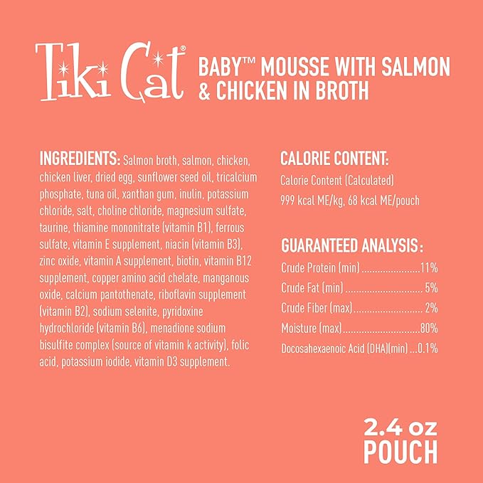 Tiki Cat Baby, Salmon & Chicken, Grain-Free and Nutrient Rich, Wet Cat Food for Kittens 4 Weeks+, 2.4 oz. Pouch (12 Count)