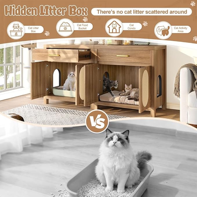 Cat Litter Box Enclosure Furniture, Hidden Litter Box Cabinet Cat House Side Table with Drawer & Sisal Scratch Pads, Wooden Pet Furniture for Living Room, Bedroom,Brown