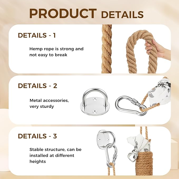 Weysat 1.97'' x 8.9 ft Cat Climbing Jute Rope with Hook Ceiling Wall Mounted Kitten Scratching Post Climbing Rope Toy for Indoor Outdoor Cats