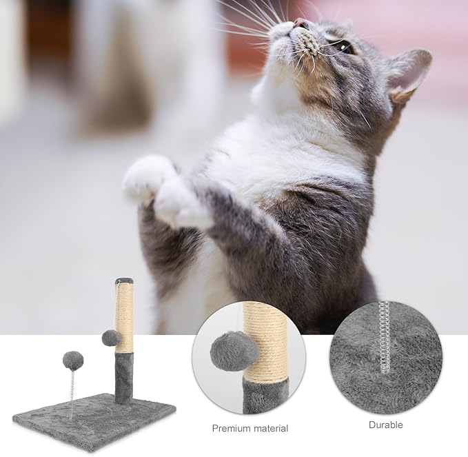 HEMOTON Large Sturdy Sisal Cat Scratching Post Gray Vertical Wear-Resistant Cat Climbing Tower with Comfortable Bed for Indoor