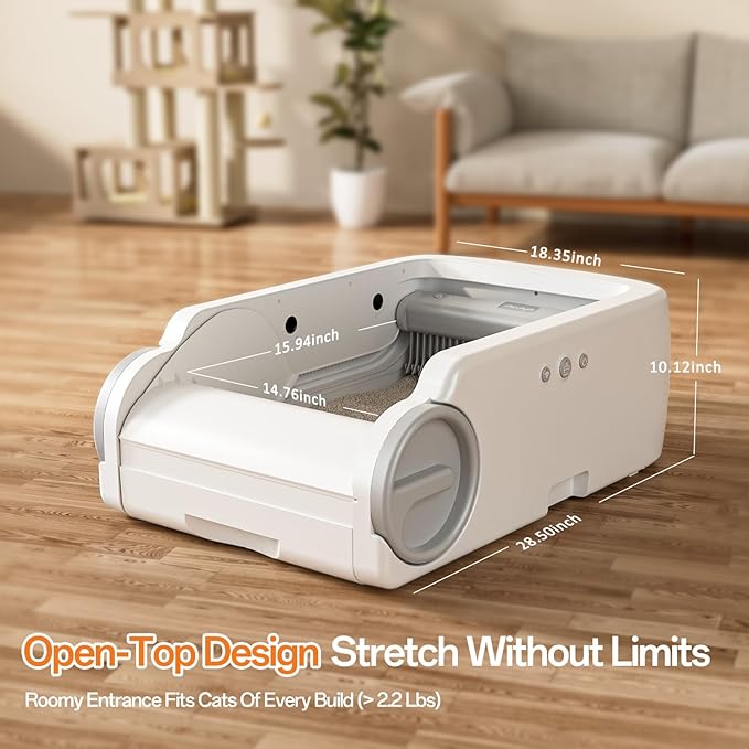 Open-Top Automatic Litter Box Self Cleaning Cat Litter Box Self-Cleaning Robot for Large Cats with Safety Sensors and APP Control