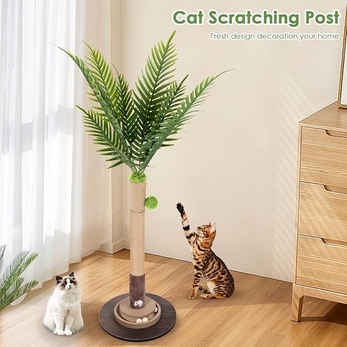 Cat Scratching Post, 35 Inch Tall Cat Scratcher Cat Tree Tower with Hanging Ball for Indoor Cats Adults,Areca Palm,Sisal Rope Kitten Scratch with Interactive Mouse Cat Toy