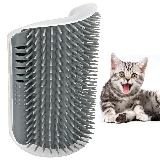Cat Self Groomer Brush, Plastic Massage Comb with Soft 12.6x8.3cm - Easy Mount Wall Scratcher, Removes Loose Hair, Perfect for Cat Grooming and Play (Grey)