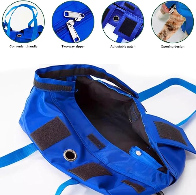 Cat Restraint Bag, Scratch-Resistant Nylon Cat Grooming Bag with Zipper & Paste Tape, Adjustable Multifunctional Cats Carry Bag for Administering Eye Drops, Ear Cleaner, Clipping Nails (Blue_S)