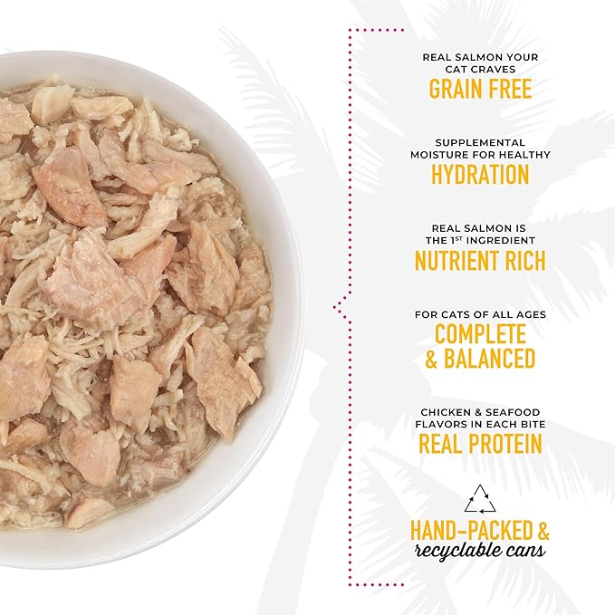 Tiki Cat Luau Shredded Meat, Wild Salmon & Chicken Recipe in Chicken Consumme, Grain-Free Balanced Nutrition Wet Canned Cat Food, For All Life Stages, 2.8 oz. Can (12 Count)