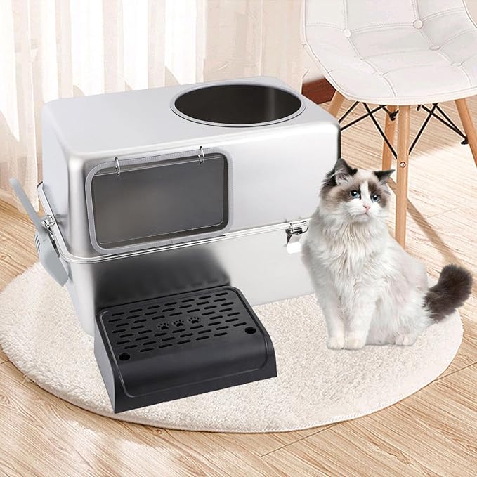Hooded Cat Litter Box with Lid Large Capacity Anti Splashing Portable Kitty Litter Tray Enclosed Toilet- with Pedal