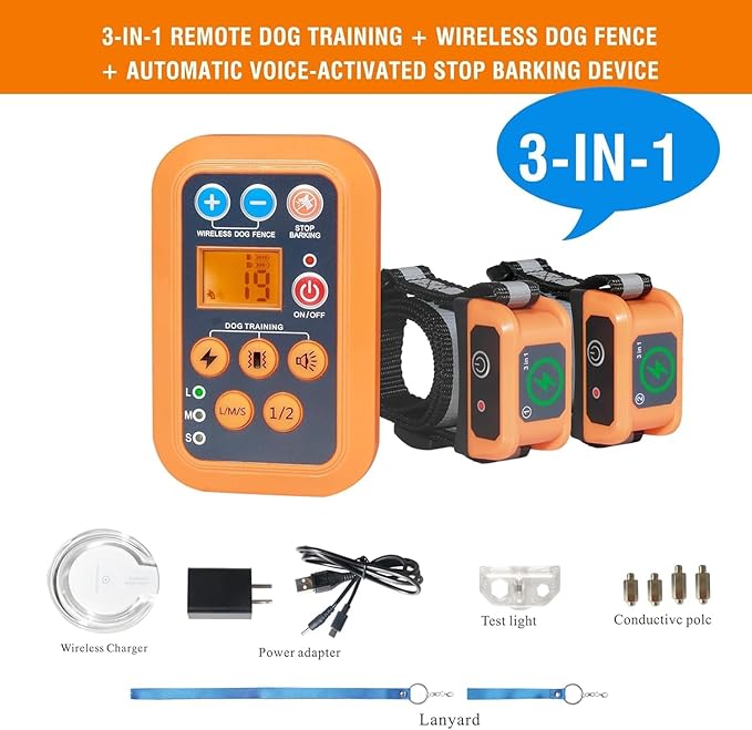 DOTSTAR Wireless Dog Fence Training Collar Pet No Barking Device 3-in-1 System, Remote Wireless Fence Electric Dog Training Stop Barking Pet Contatiner, Rechargeable Waterproof Dog Collar