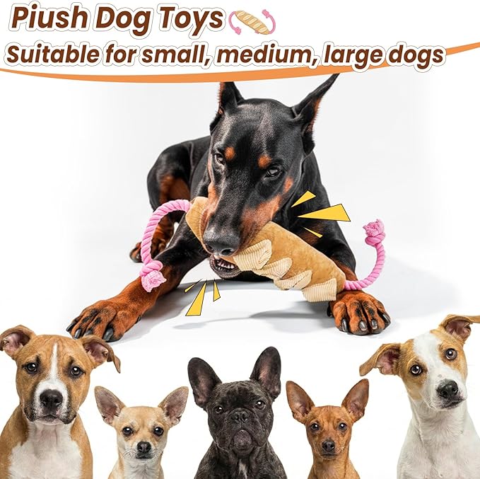 Baguette Dog Snuffle Toy, Interactive Crinkle Plush Chew Toys with Rope for Large Medium Small Dogs, Hide and Seek Treat Dispensing Puzzle for Puppy Boredom Relief, Brain Stimulation Foraging