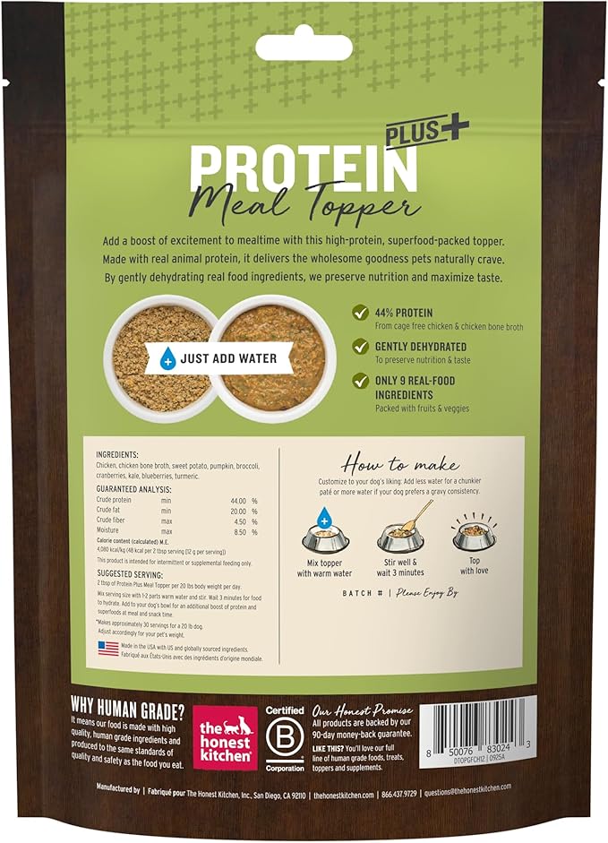 The Honest Kitchen Protein Plus+ Dehydrated Meal Topper: Grain Free Chicken Superfoods, 12oz Pouch