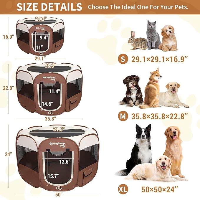 KingCamp Dog Playpen, Portable Foldable Cat Kitten Puppy Tent Crates 29"/36"/50" Pop Up Pet Playpen with Zippered Bottom & Cover for Indoor Outdoor Use (Medium, Khaki)