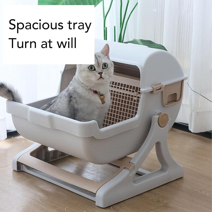 Semi Automatic Cat Litter Box, 20in Large Capacity Plastic Semi Enclosed Cat Litter Box with Safe Protection, Low Noise Smart Cat Toilet Box for Multiple Cats