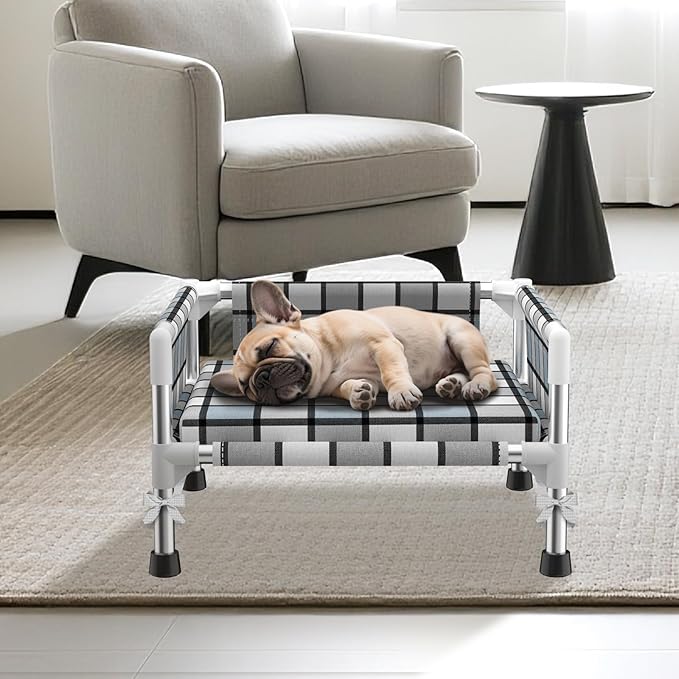 Elevated Raised Outdoor Dog Bed - Cooling Washable Dog Cot with Guardrail, Durable & Breathable Cotton Mesh Pet Hammock Beds with Stainless Steel Pipe Frame for Small Pets (Cushion-S)
