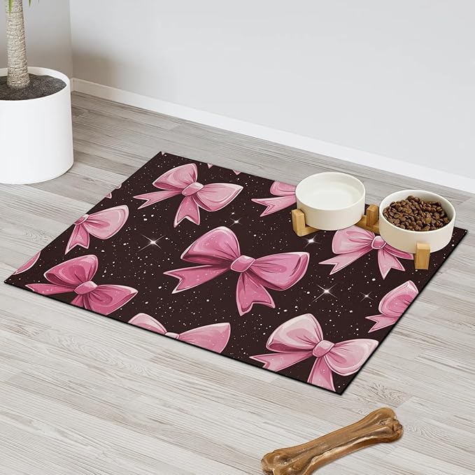 Bow Dog Food Mat for Floors Absorbent, Quick Dry Water Dispenser Mat for Food, Water, Pet Supplies 12" x 20", Pink Bowknot