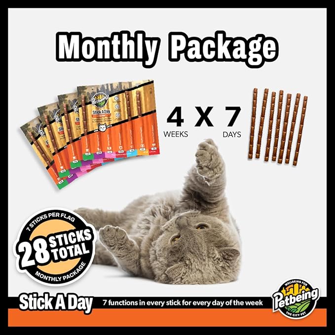 Stick a Day Cats | Specially Formulated 7-in-1 Functions Daily Real Meat Supplement for Cats | Cat Chew Stick & Pet Vitamins Supplements Combination (7-Pack x 4, Chicken)
