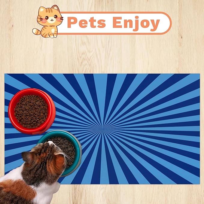 Striped Dog Food Mat for Floors Absorbent, Quick Dry Water Dispenser Mat for Food, Water, Pet Supplies 16" x 24", Blue