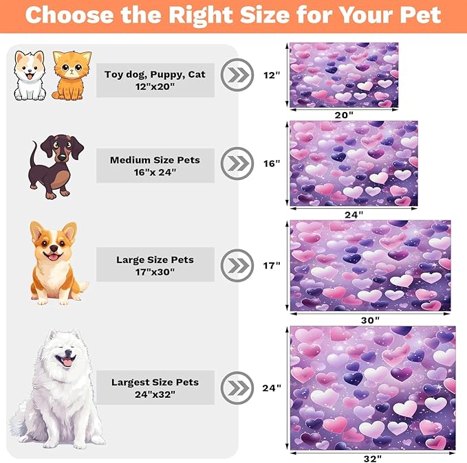 Valentine's Day Dog Food Mat for Floors Absorbent, Quick Dry Water Dispenser Mat for Food, Water, Pet Supplies 17" x 30", Pink Purple Heart