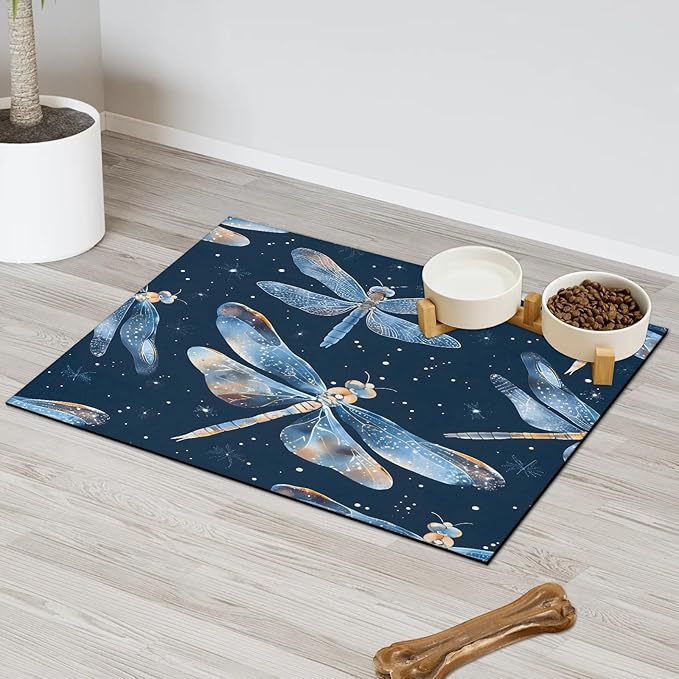 Boho Dragonfly Dog Food Mat for Floors Absorbent, Quick Dry Water Dispenser Mat for Food, Water, Pet Supplies 17" x 30", Galaxy Star