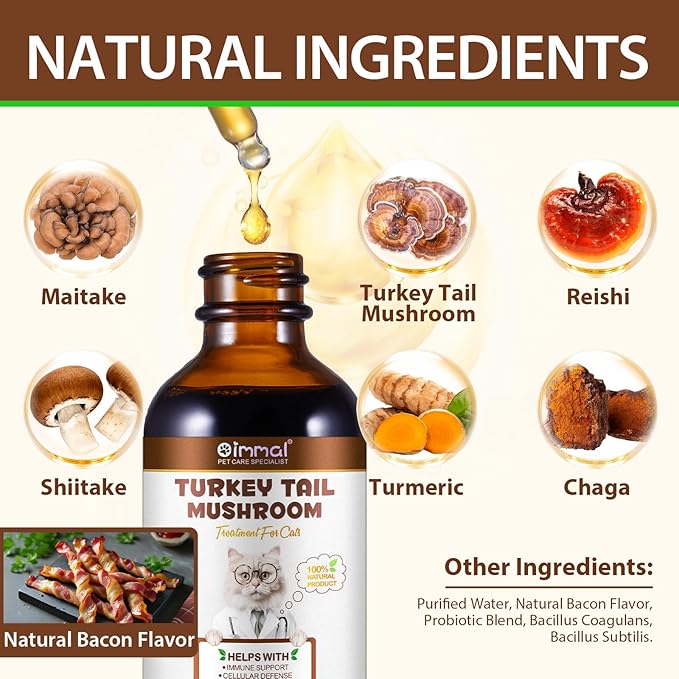 Mushroom Drops for Cats, Natural Cat Immmune Mushroom Liquid Drop with Turkey Tail Mushroom Extract for Immune Support, Digestive & Joint Mobility, Pet Mushroom Herbal Supplement - 2 fl oz (60 ml)