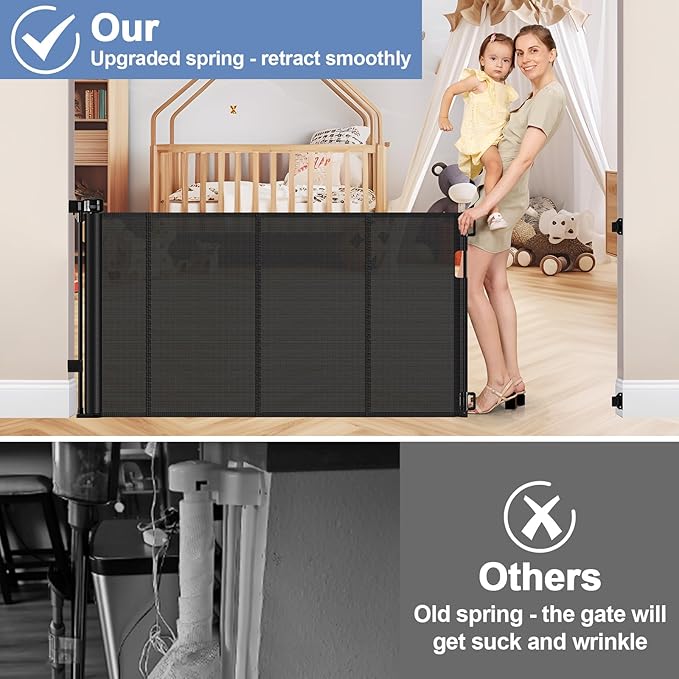 Reinforced Retractable Baby Gates with Support Beam 60" Wide Retractable Dog Gate Indoor Prevent Children and Dogs from Crawling Under Outdoor Dog Gate for Deck Mesh Gates for Kids or Pets, Black