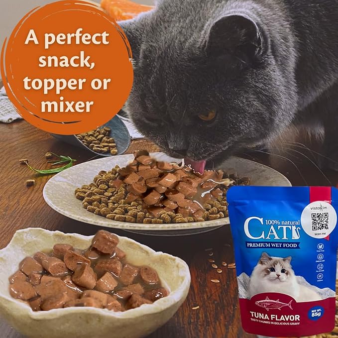 Cats Premium Wet Food 85g Pouch — Moist, Soft Cat Food Mixer, Topper and Rotational Meal (3-Pack, Tuna)