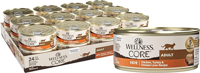 Wellness CORE Pate Adult Wet Cat Food, Natural, Protein-Rich, Grain Free, 5.5 Ounce, 24 Pack (Chicken, Turkey & Chicken Liver)