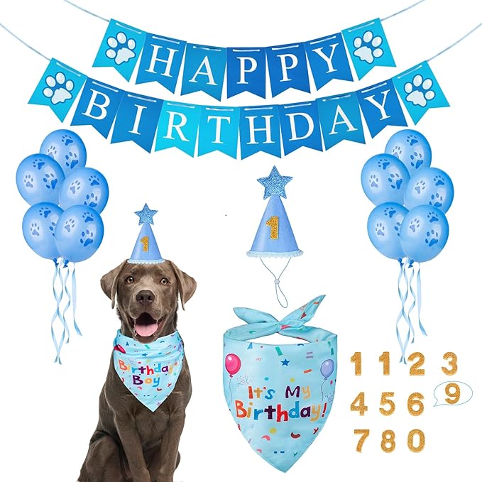 Dog Birthday Party Supplies, Dog Birthday Bandana Set, Dog Boy Girl Birthday Party Hat with Numbers,Flag, Balloon for Large Medium Small Dogs Pet (Blue)