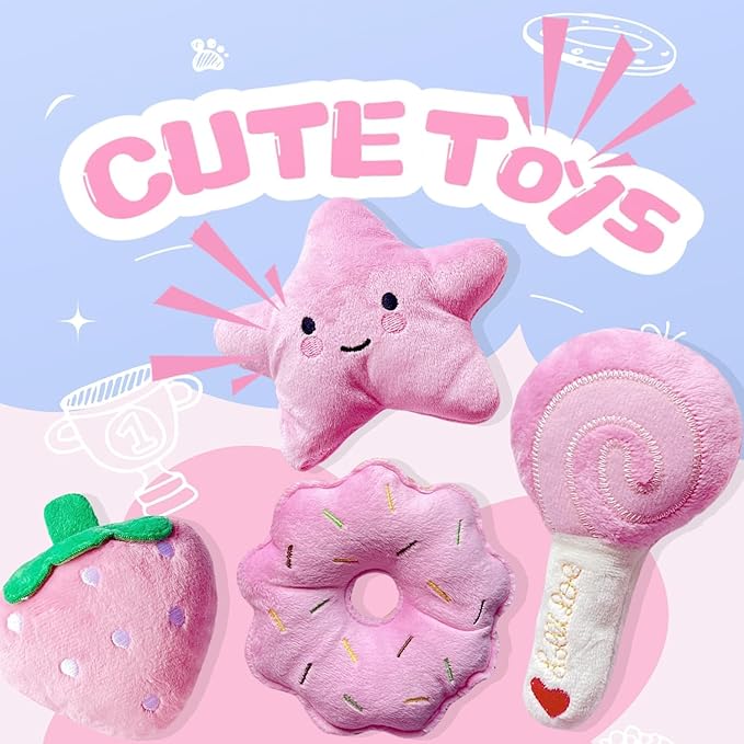 Small Dog Toys, Squeaky Dog Toy for Small Dogs- Pink Cute Puppy Toys, 4 Packs Pet Chew Toys for Fun, Interactive Dog Plush Toys for Puppies, Dog Squeak Toys