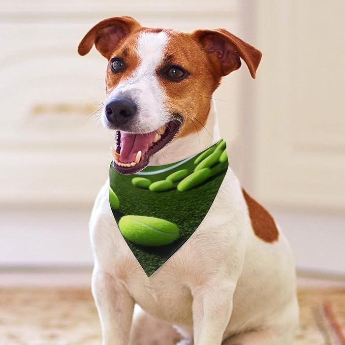 Dog Bandana Spring Pet Scarf Adjustable Triangle Tennis Balls on Tennis Grass Court Printing Dog Bib Washable Polyester Puppy Bandana for Small Medium Large Dogs Cat Birthday Party Supplies