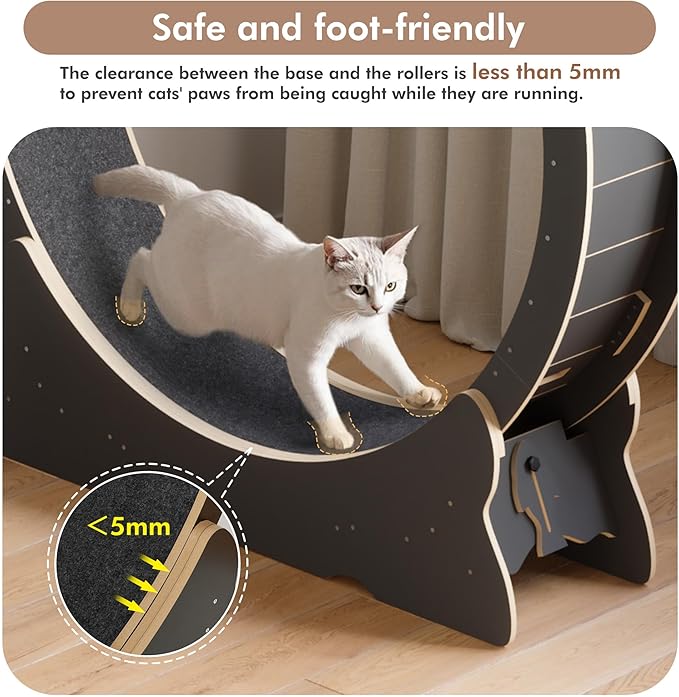Cat Exercise Wheel, 46'' Cat Wheel for Indoor Cats with Carpeted Runway, XL Treadmill with Removable Carpet and Teaser, for Running Walking Training (Black)